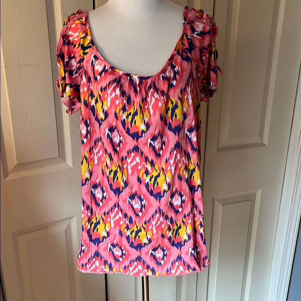 New York Laundry Pink and Yellow Ruffled Blouse